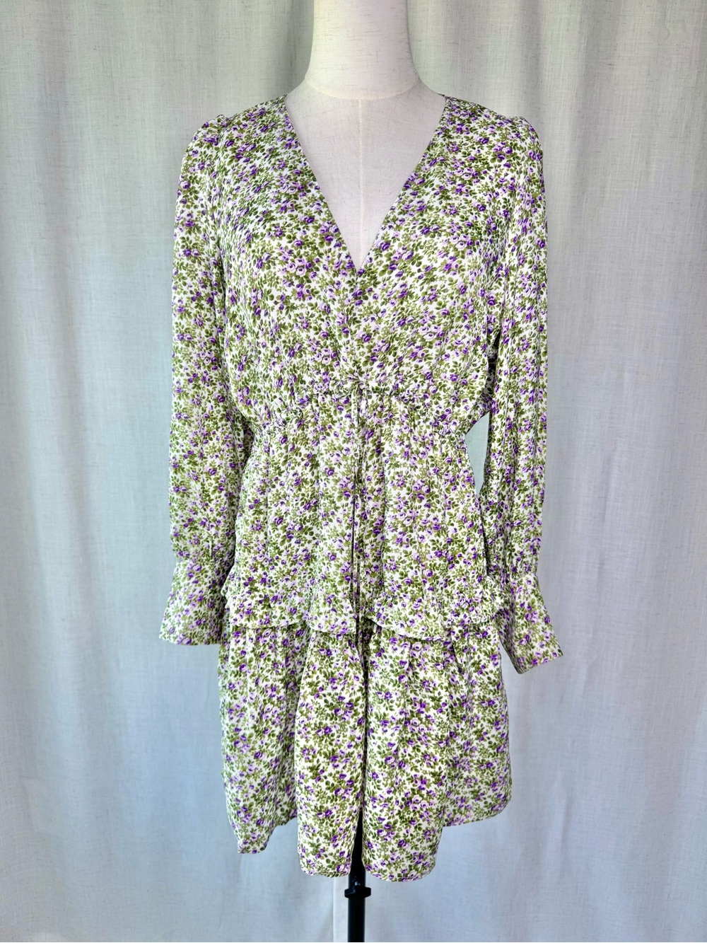 Paris Atlier & Other Stories Floral Mini Dress Long Sleeve V-Neck Purple Green 6